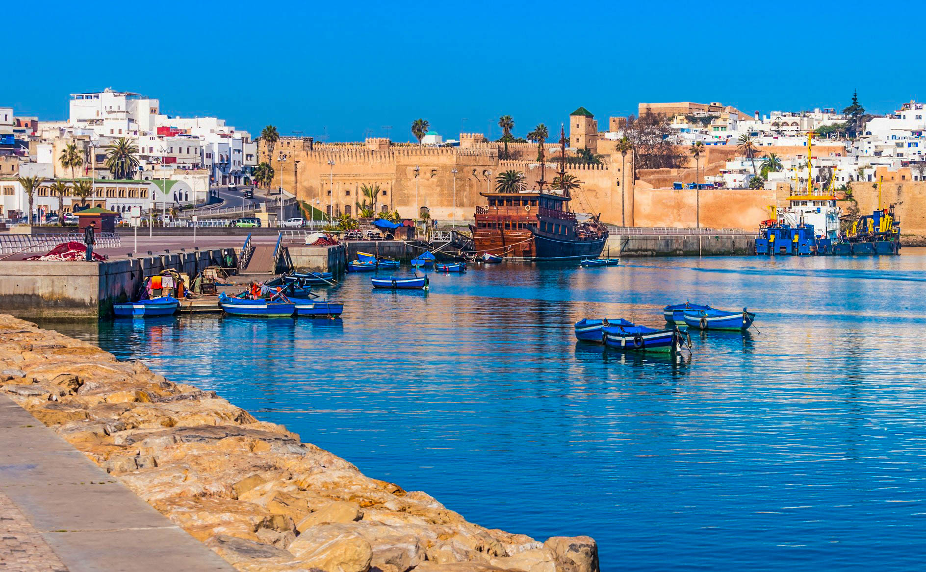 River Bou Regreg seafront and Kasbah in medina of Rabat, Morocco. Rabat is the capital of Morocco. Rabat is located on the Atlantic Ocean at the mouth of the river Bou Regreg.